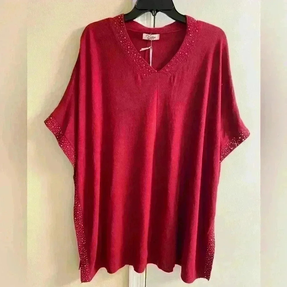 Victoria Collection New York Dark Red Poncho Knit Silver Studded One Size NWT